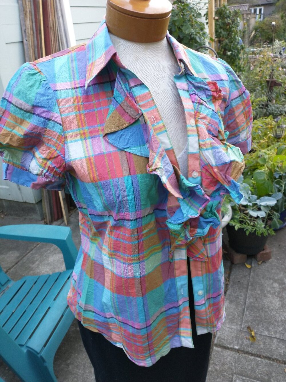 Shirt: cotton plaid with front ruffle. Short sleeves. Size 10P - by Ralph Lauren